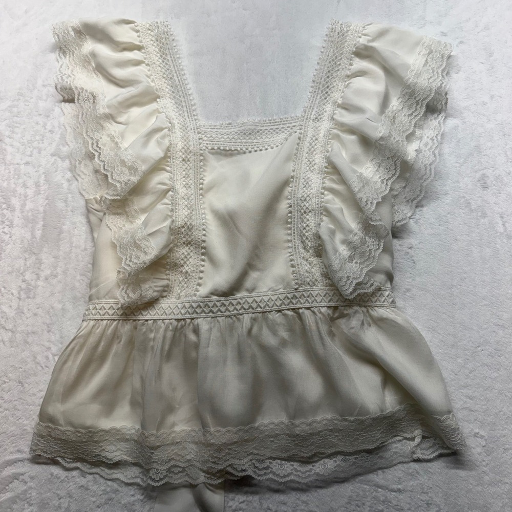 Mi Ami Blouse Peplum Lace Trim Tie Back S White Womens Cottagecore Romantic